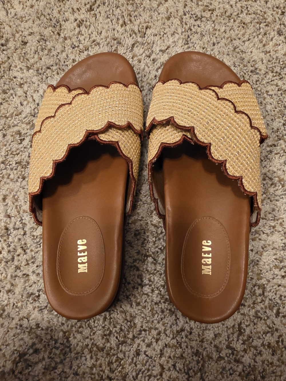 Maeve Brown and Natural Scalloped Woven Slide Sandals